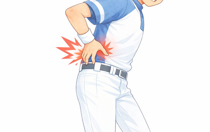 腰を痛がる10代のスポーツ少年のイラスト。成長期に多い腰椎分離症による腰痛を表現。調布くびと腰の整形外科クリニックでの専門的診療を想起させる医療イメージ