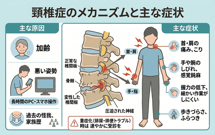調布くびと腰の整形外科クリニックが解説する頚椎症の図解。加齢や悪い姿勢などの主な原因と、首の痛み、手のしびれ、重症化時の排尿・排便トラブルなどの症状をまとめています。
